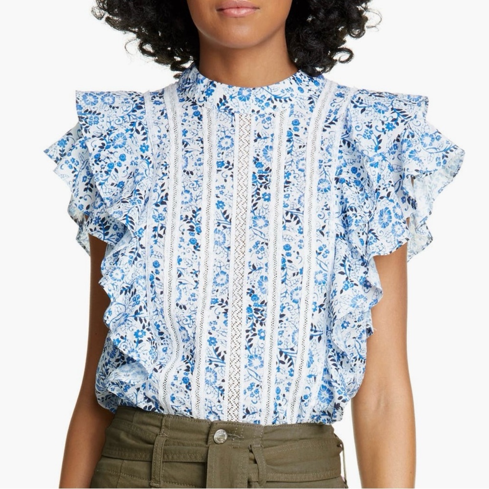 Veronica Beard Sol Floral Ruffled Top Blue Sz 0